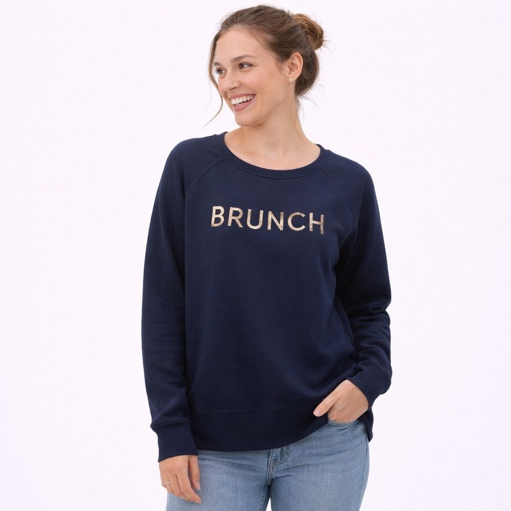 Sarah Marie Running "Brunch” Wide Neck Sweatshirt Navy Blue Gold Foil Small